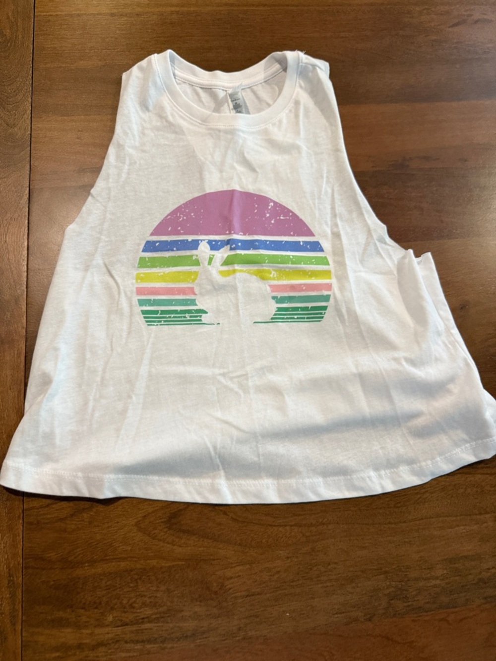 Cropped Bunny Tank! White Cropped Tank with Pastel Rainbow Bunny Graphic🐰
